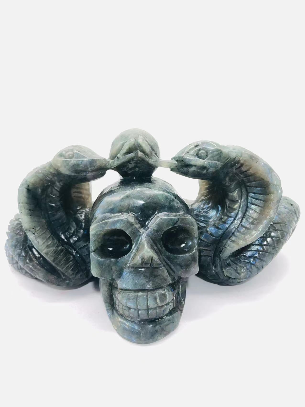 Lab skull with two snakes carving