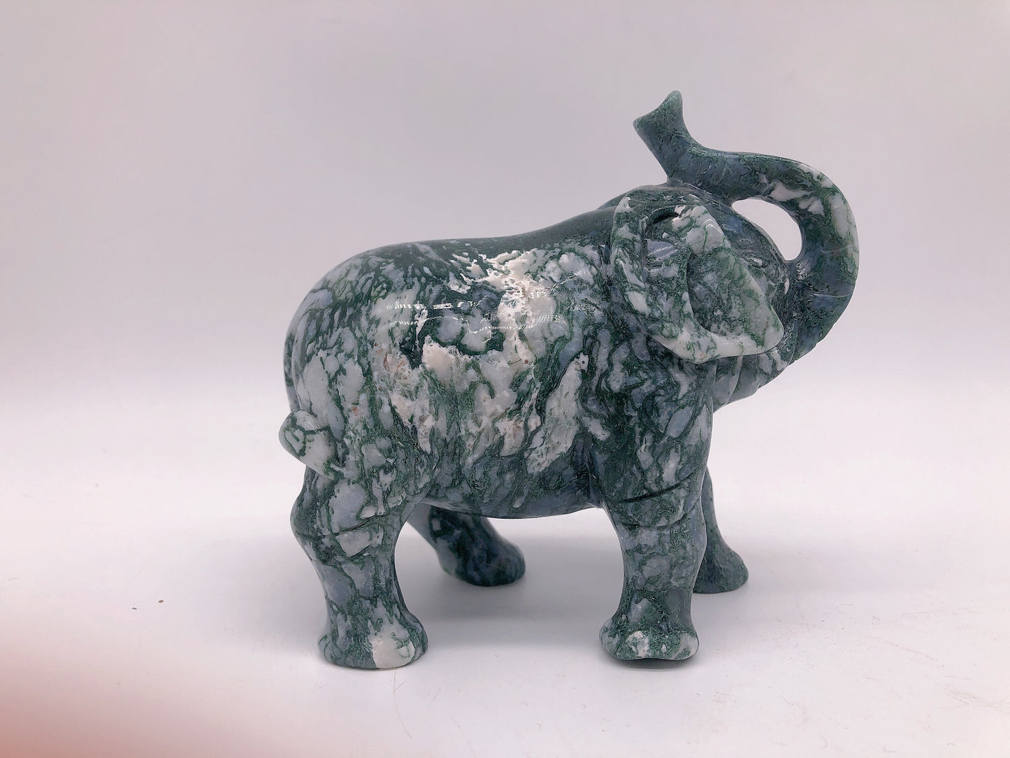 Moss agate elephant carving