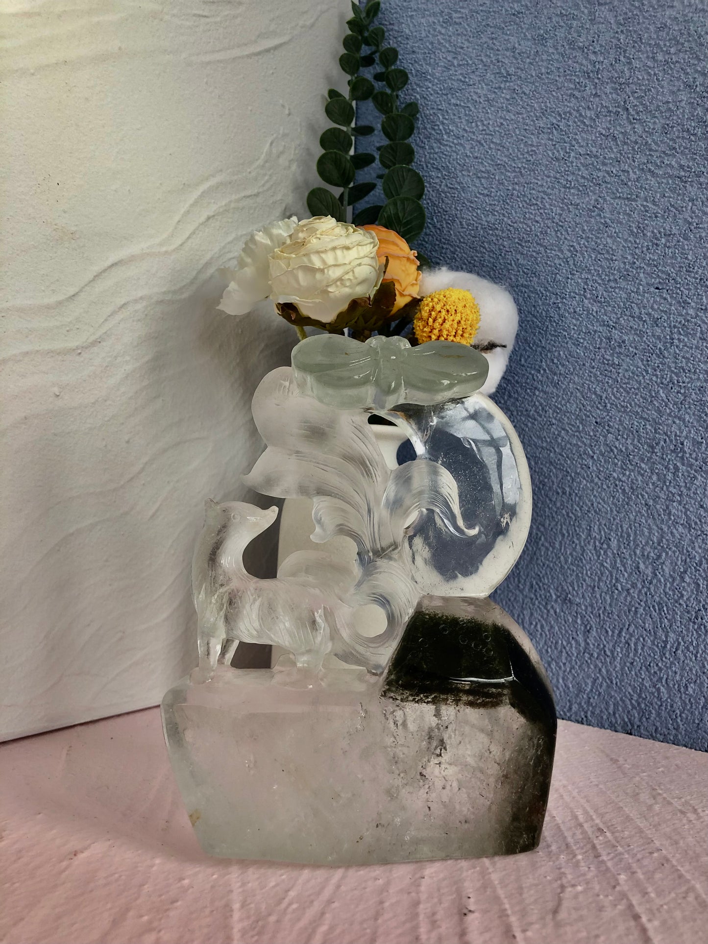 Garden quartz fox with butterfly carving