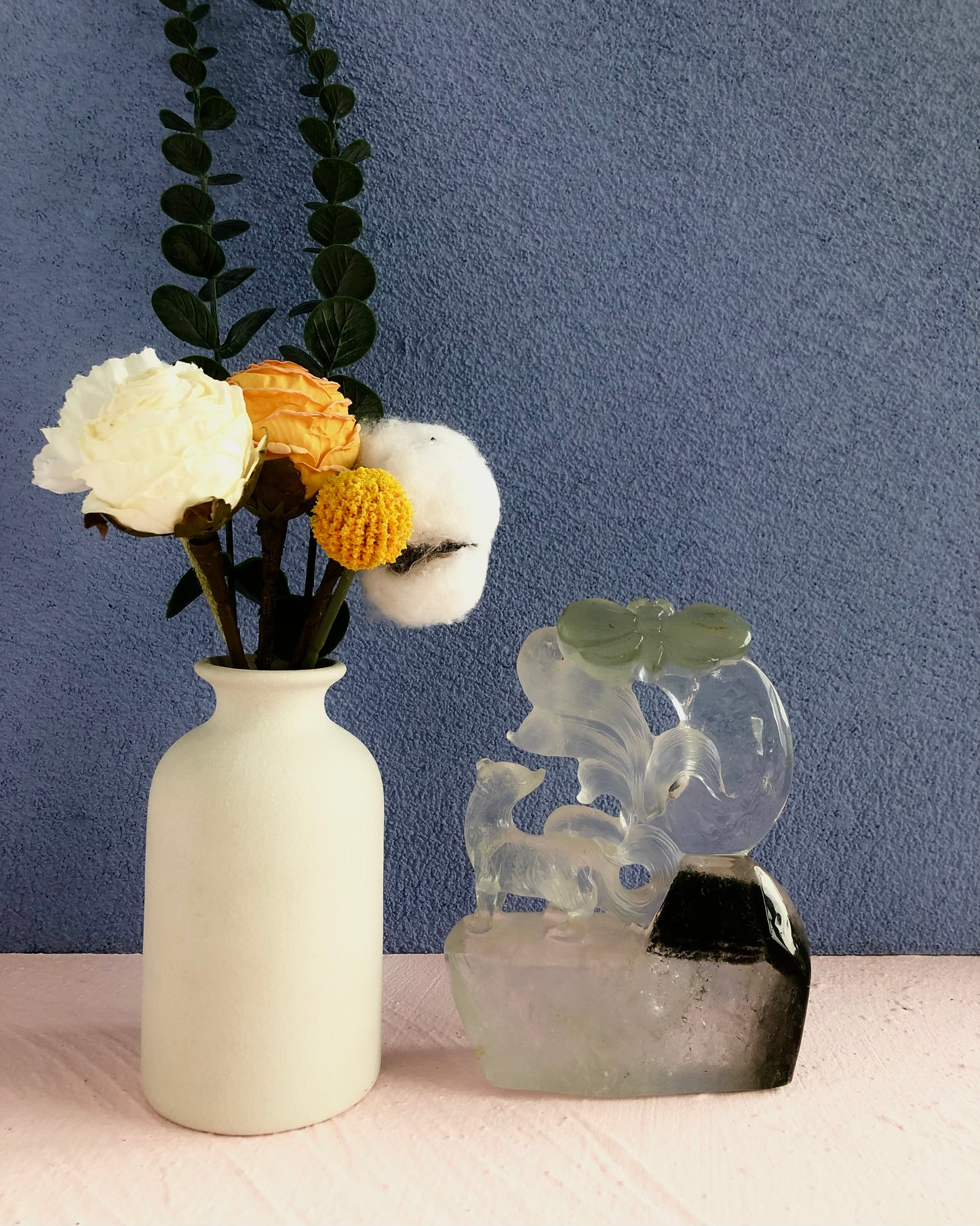Garden quartz fox with butterfly carving