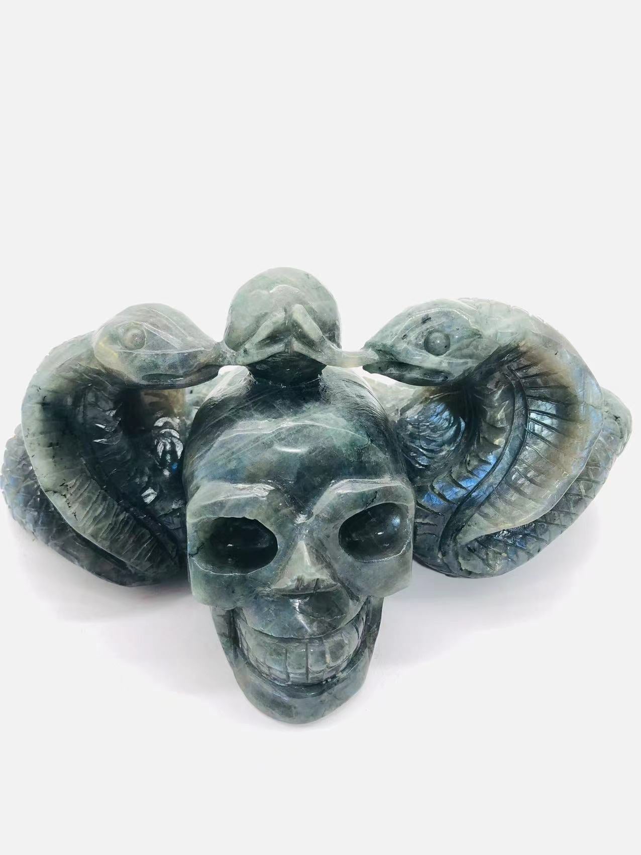 Lab skull with two snakes carving