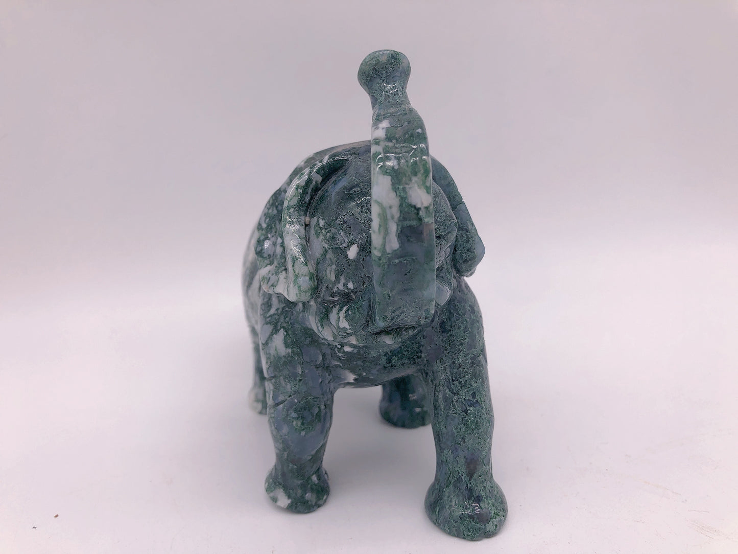 Moss agate elephant carving