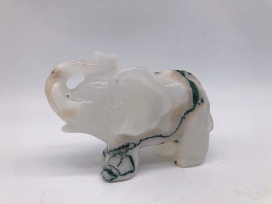 Moss agate elephant carving