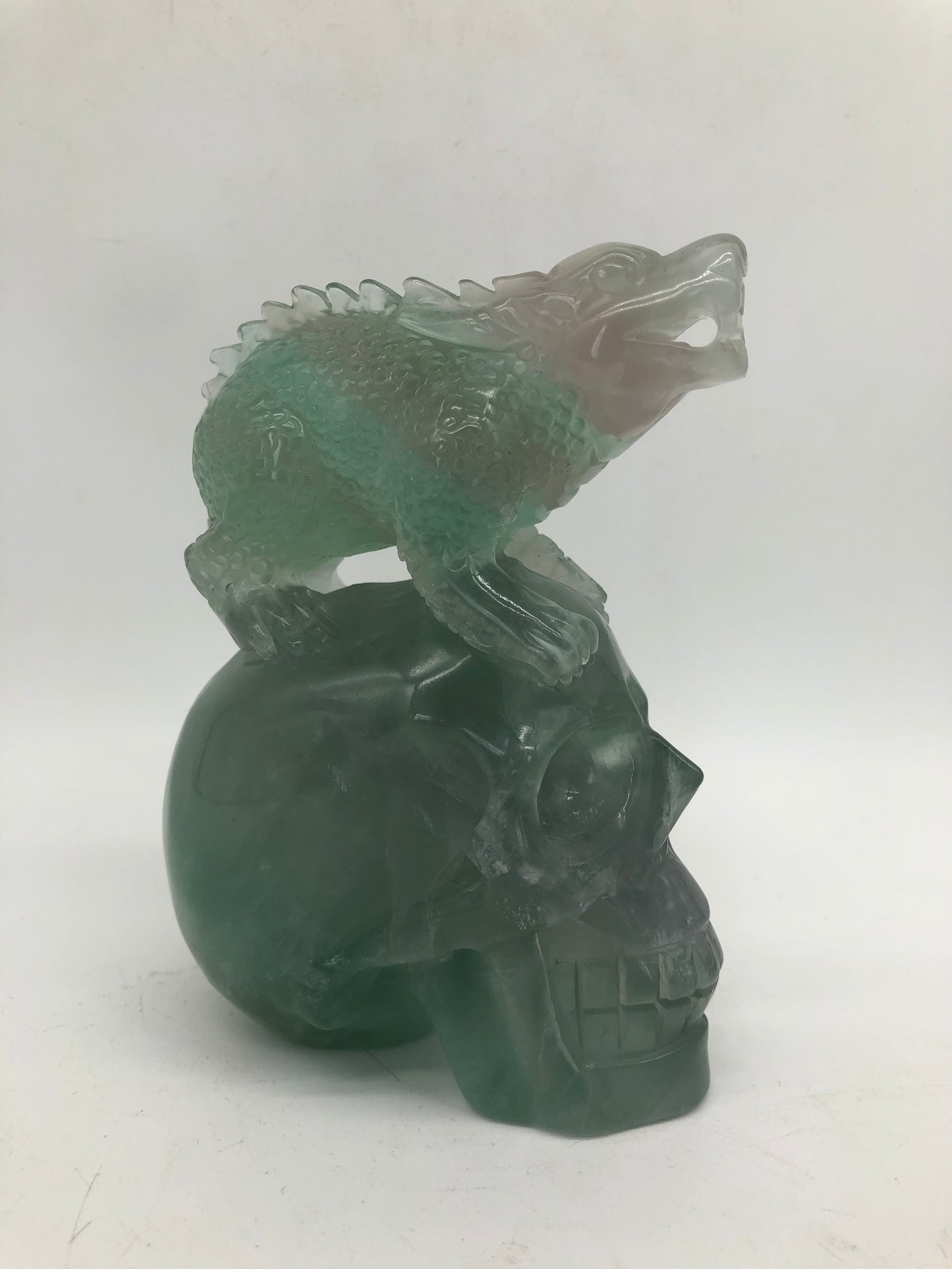 Fluorite skull with dinosaur carving