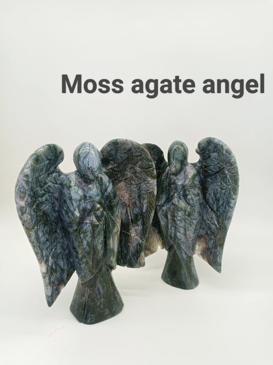 Moss agate angel carving