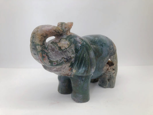 Moss agate elephant carving