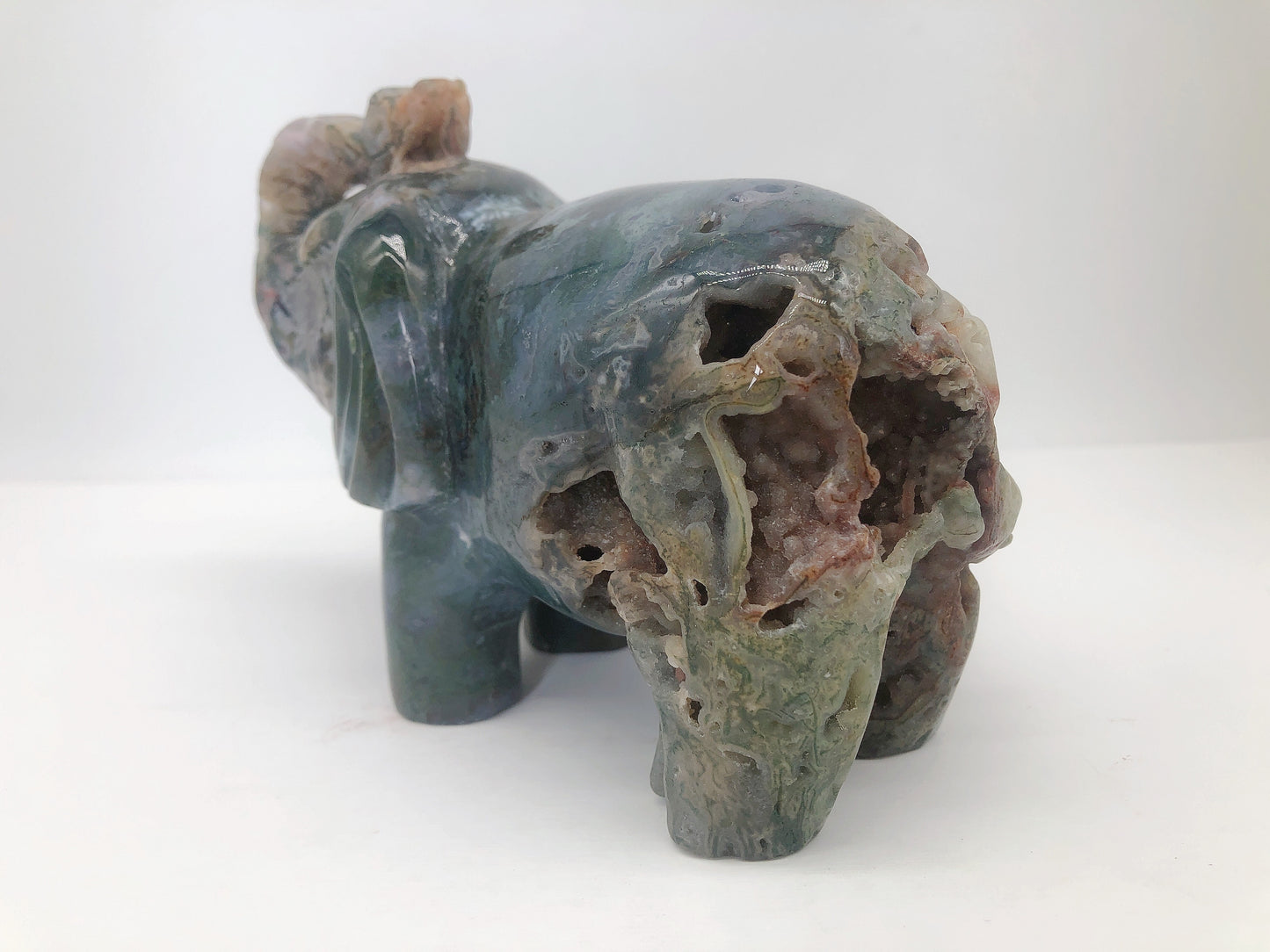 Moss agate elephant carving