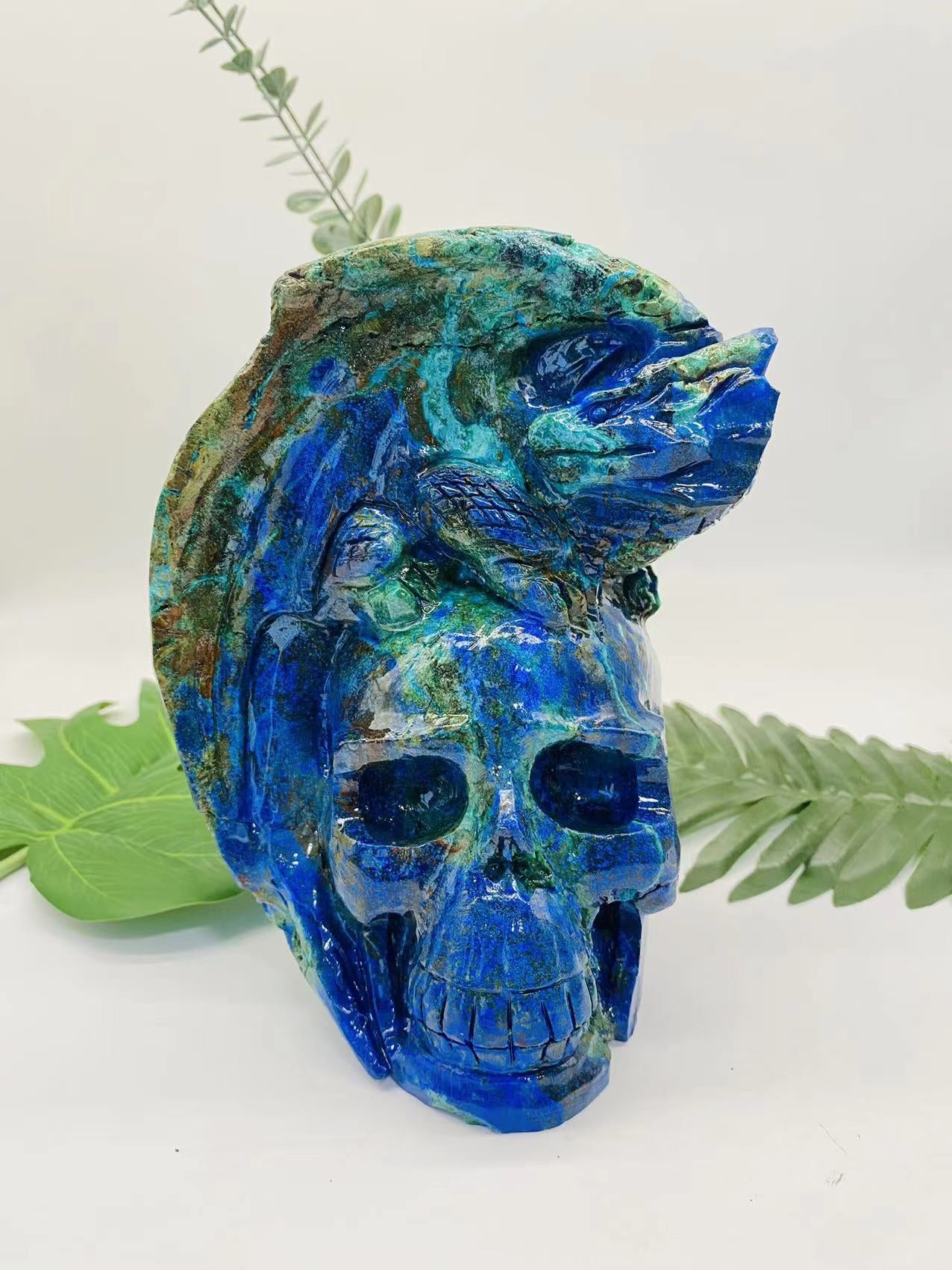 Azurite with malachite skull carving