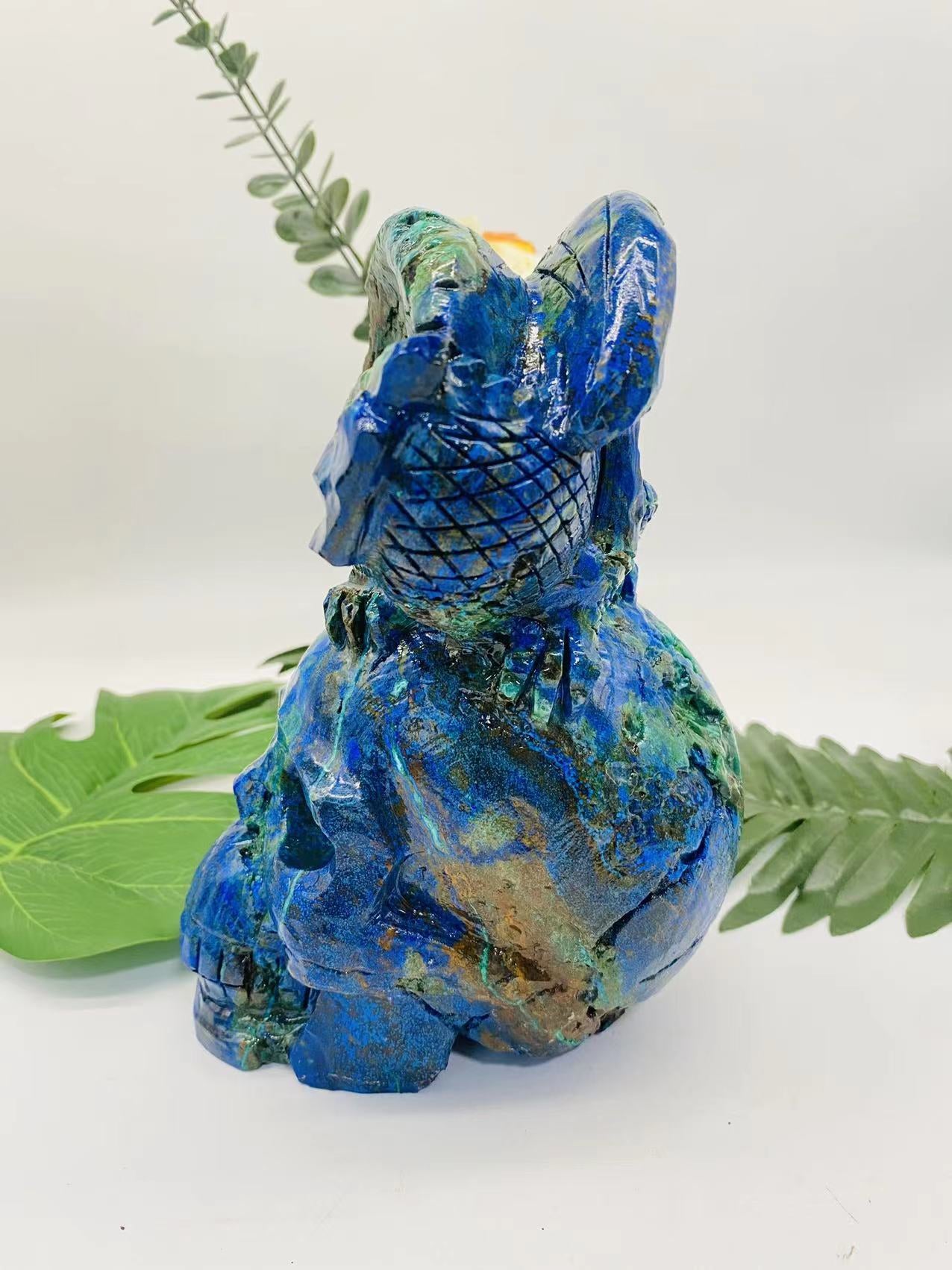 Azurite with malachite skull carving